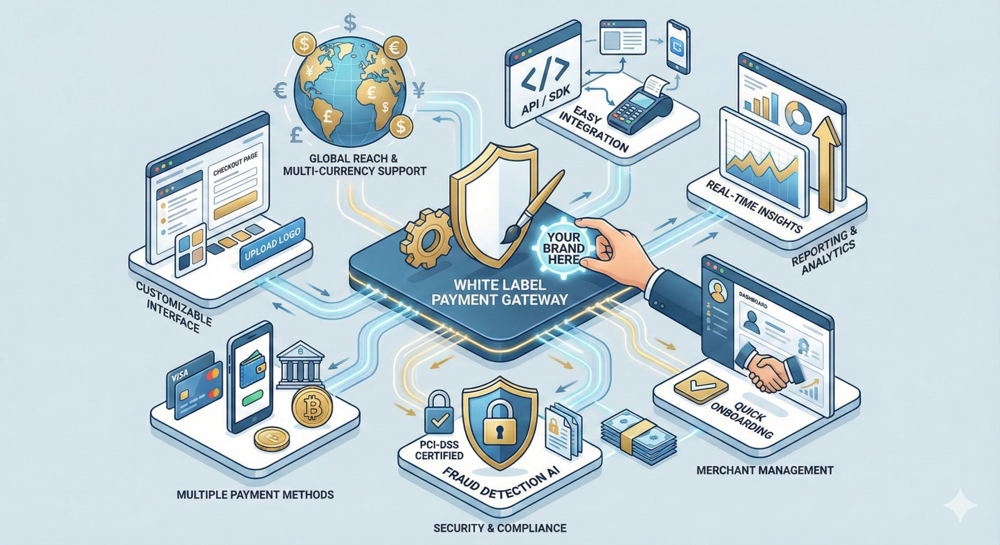 Infographic illustrating the features and services of PayQuanta's white label payment gateway. It shows a central platform for branding, surrounded by modules for customization, global multi-currency support, security (PCI-DSS, fraud detection), merchant management, reporting, and easy API integration.