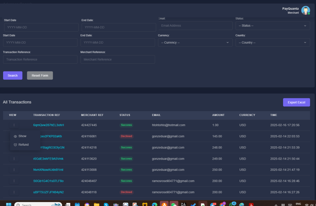 PayQuanta institutional performance metrics and high-load analytics dashboard